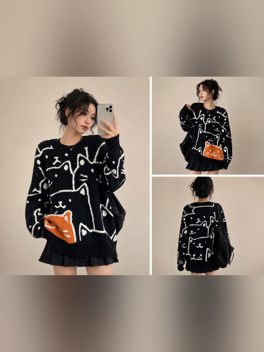 Aelfric Eden Cat Graphic Knit Sweater Black Orange Kawaii Y2K Unisex M